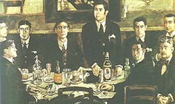 Ramn Gmez de la Serna (1888-1963). La tertulia de Pombo con Gmez de la Serna de pie, en el centro, pintados por Gutirrez Solana