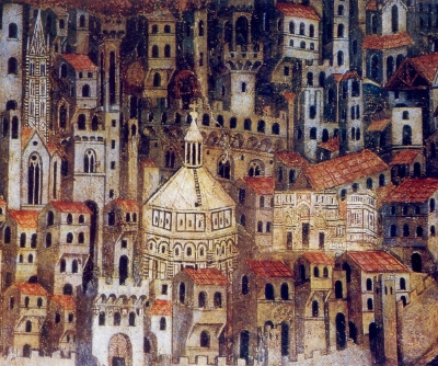 La Florencia del Trecento, en un fresco de autor desconocido (Florencia Orfanatrofio del Bigallo)
