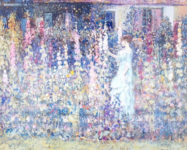 Hollyhocks by 1913, by Frederick Carl Frieseke, Oil on canvas, National Academy of Design, New York.