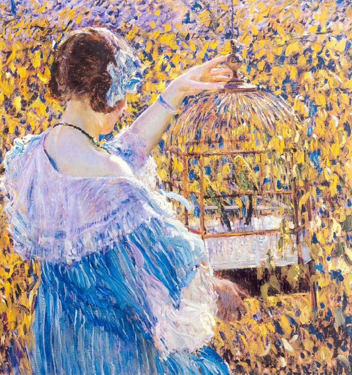 "The Birdcage", by 1910, Frederick Carl Frieseke, Oil on canvas, New Britain Museum of American Art.