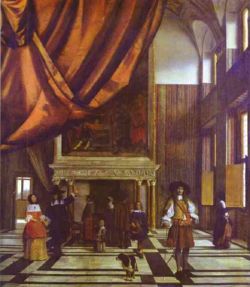 Pieter de Hooch. Burghermeisters' Hall in the Amsterdam City Hall. Oil on canvas, 112.5 x 99 cm. Thyssen-Bornemisza Collection, Lugano-Castagnola, Switzerland