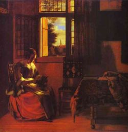 Pieter de Hooch. A Woman Reading a Letter. c. 1664. Oil on canvas, 55 x 55 cm. Szepmuveseti Muzeum, Budapest, Hungary. 