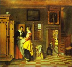 Pieter de Hooch. At the Linen Closet. 1663. Oil on canvas, 72 x 77.5 cm. Rijksmuseum, Amsterdam, the Netherlands.
