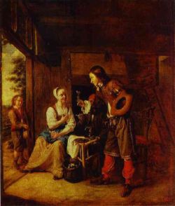 Pieter de Hooch. A Soldier and a Maid. c. 1653. Oil on wood, 71 x 59. The Hermitage, St. Petersburg, Russia.