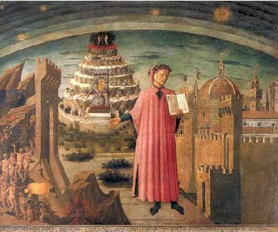 Tabla de Domenico di Michelino (1465), en la nave izquierda de la catedral de Florencia, que representa a Dante con el libro de la Comedia en la mano, del cual irradia una luz que ilumina la capital toscana. En el fondo de la imagen puede verse una representación del Purgatorio, a la izquierda del Infierno y arriba del Paraíso. Dante Alighieri; Italian poet; Florence, by Domenico di Michelino
1417-1491.